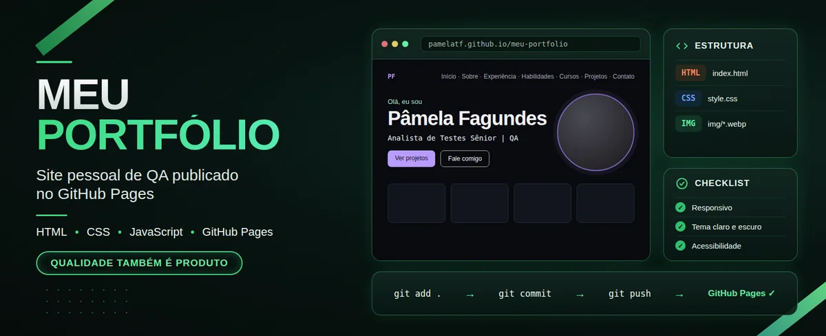Capa do projeto Meu Portfólio: site pessoal de QA em HTML, CSS e JavaScript publicado no GitHub Pages